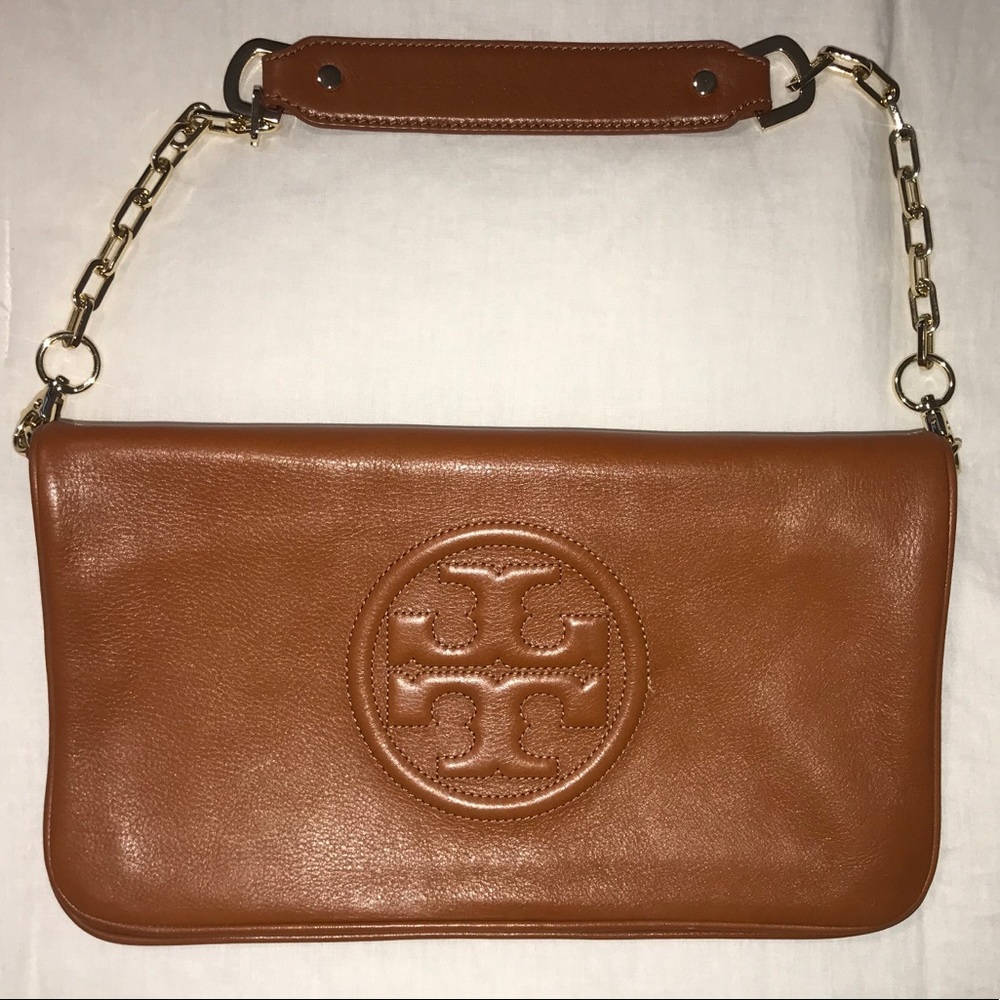 Tory Burch Reva Clutch Tan Leather Shoulder Bag